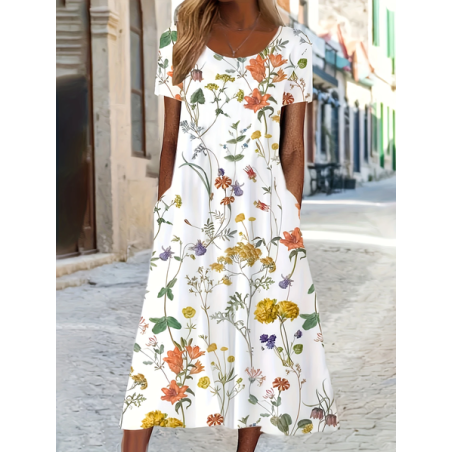 Women Floral Short Sleeve Summer Printing Dress Crew Neck Daily Casual Maxi Shift Dress H-Line Dress