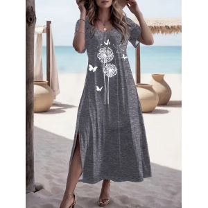 Women Floral Short Sleeve Summer Printing Dress Crew Neck Daily Casual Maxi Fit & Flare Dress A-Line Dress