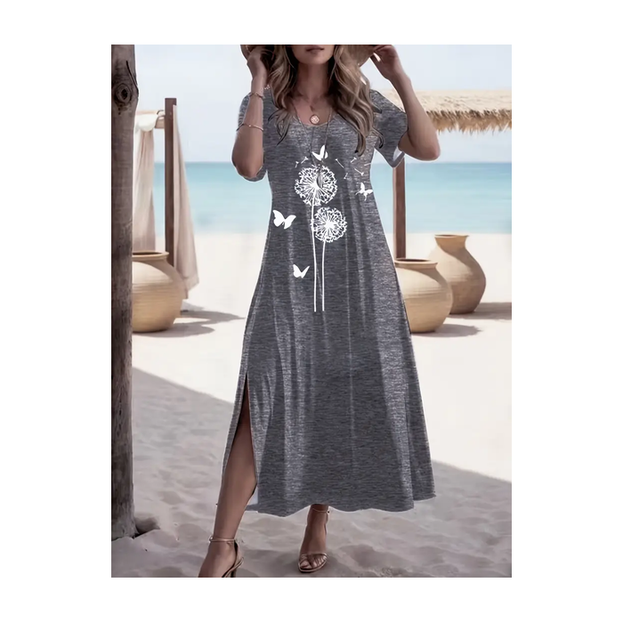 Women Floral Short Sleeve Summer Printing Dress Crew Neck Daily Casual Maxi Fit & Flare Dress A-Line Dress