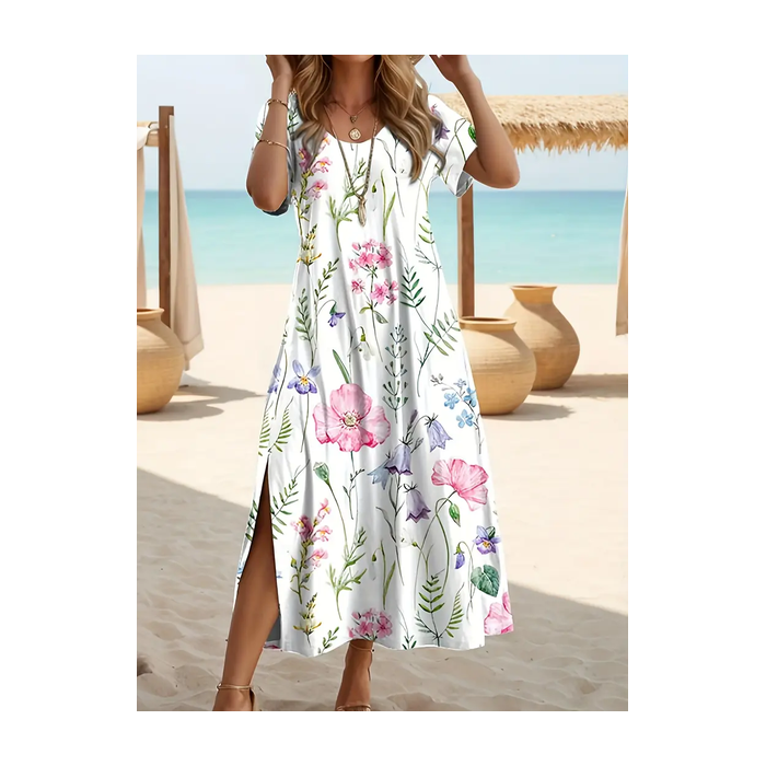 Women Floral Short Sleeve Summer Printing Dress Crew Neck Daily Casual Maxi Fit & Flare Dress A-Line Dress
