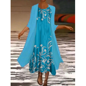 Women Floral Printing Two-Piece Set Daily Three Quarter Sleeve Casual Spring/Fall Dress With Coat Matching Set