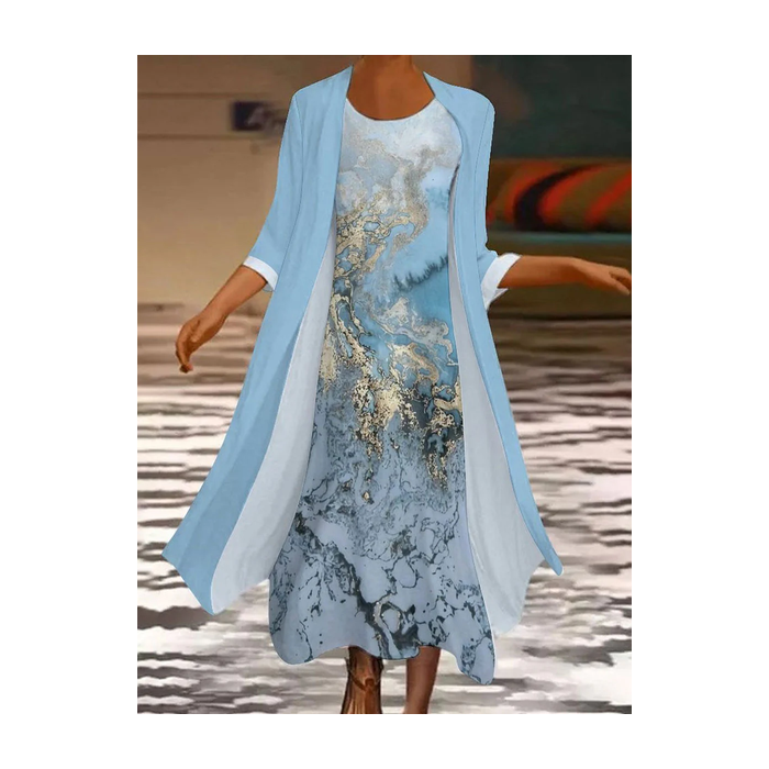 Women Abstract Printing Two-Piece Set Daily Three Quarter Sleeve Casual Spring/Fall Dress With Coat Matching Set