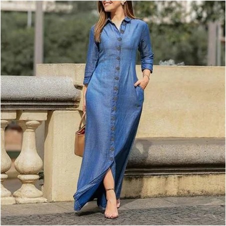 Women Plain Long Sleeve Spring/Fall Dress Stand Collar Daily Casual Maxi Shirt Dress H-Line Dress