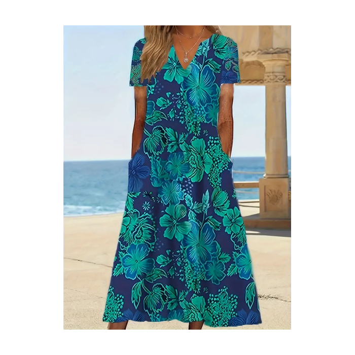 Women Floral Short Sleeve Summer Printing Dress V Neck Daily Casual Maxi Fit & Flare Dress H-Line Dress