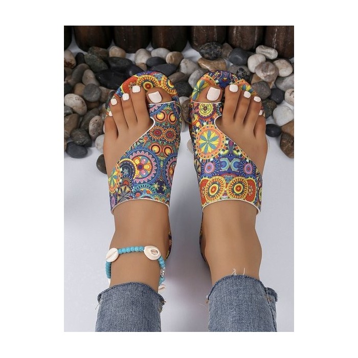 Ethnic Retro Flat Toe Slippers 2025 Summer New Breathable Printed Roman Style Slippers
