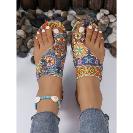 Ethnic Retro Flat Toe Slippers 2025 Summer New Breathable Printed Roman Style Slippers