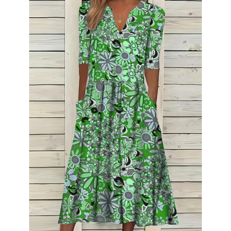 Women Floral Short Sleeve Summer Printing Dress V Neck Daily Casual Maxi Fit & Flare Dress H-Line Dress
