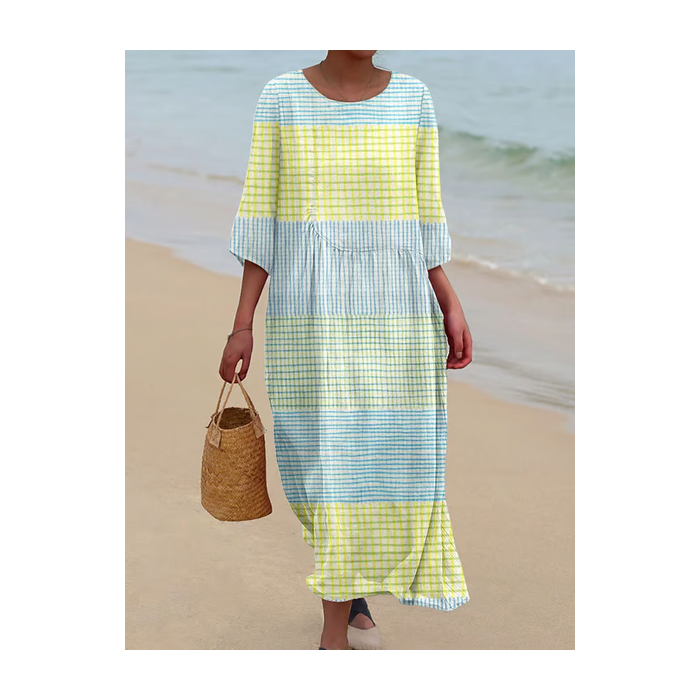 Women Striped Half Sleeve Summer Printing Dress Crew Neck Daily Casual Maxi H-Line Dress