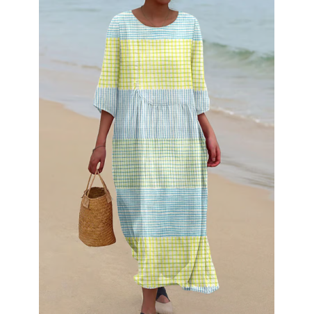 Women Striped Half Sleeve Summer Printing Dress Crew Neck Daily Casual Maxi H-Line Dress