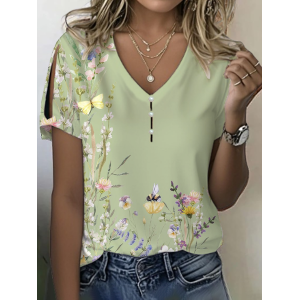 Women Floral Short Sleeve Tee T-shirt V Neck Printing Casual Summer Graphic Tee Top