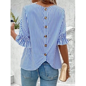 Striped Crew Neck Simple Loose Shirt
