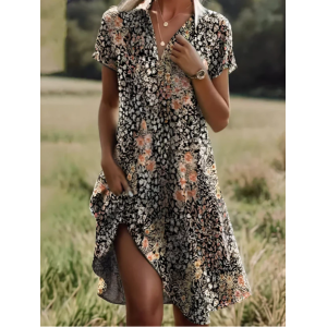 Women Floral Short Sleeve Summer Printing Dress Shawl Collar Daily Casual Knee Length A-Line Dress