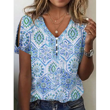 Women Floral Short Sleeve Tee T-shirt V Neck Printing Casual Summer Graphic Tee Top