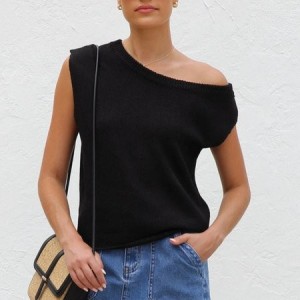 Women's knitwear Y2K summer knit sweater curved beaded ice silk fabric knitted pullover oblique shoulder round neck top