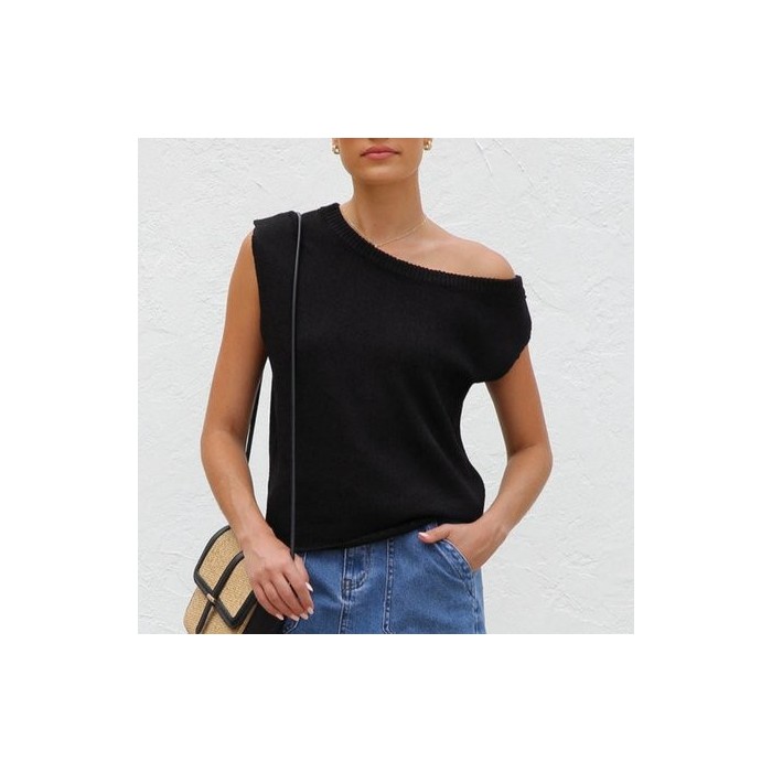 Women's knitwear Y2K summer knit sweater curved beaded ice silk fabric knitted pullover oblique shoulder round neck top