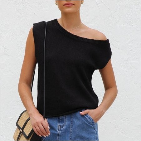 Women's knitwear Y2K summer knit sweater curved beaded ice silk fabric knitted pullover oblique shoulder round neck top