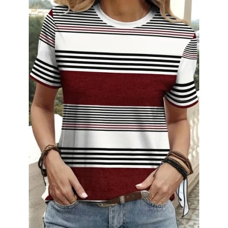 Women Striped Short Sleeve Tee T-shirt Crew Neck Printing Casual Summer Graphic Tee Top