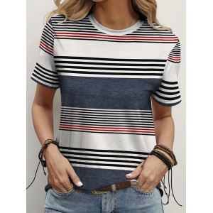 Women Striped Short Sleeve Tee T-shirt Crew Neck Printing Casual Summer Graphic Tee Top