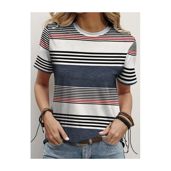 Women Striped Short Sleeve Tee T-shirt Crew Neck Printing Casual Summer Graphic Tee Top