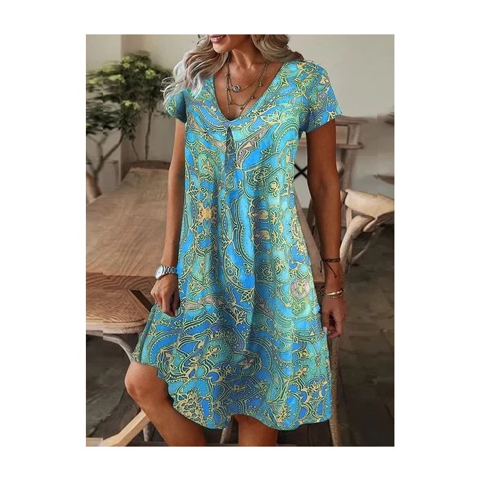 Women Floral Short Sleeve Summer Printing Dress V Neck Daily Casual Knee Length T-Shirt Dress H-Line Dress
