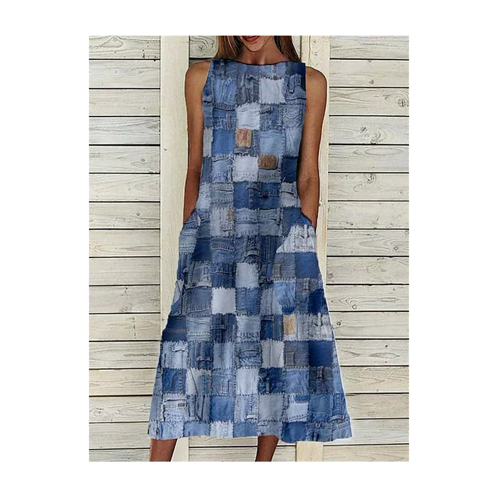 Women Plaid Sleeveless Summer Printing Dress Crew Neck Daily Casual Maxi Fit & Flare Dress H-Line Dress