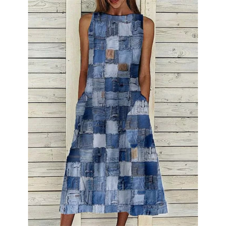 Women Plaid Sleeveless Summer Printing Dress Crew Neck Daily Casual Maxi Fit & Flare Dress H-Line Dress