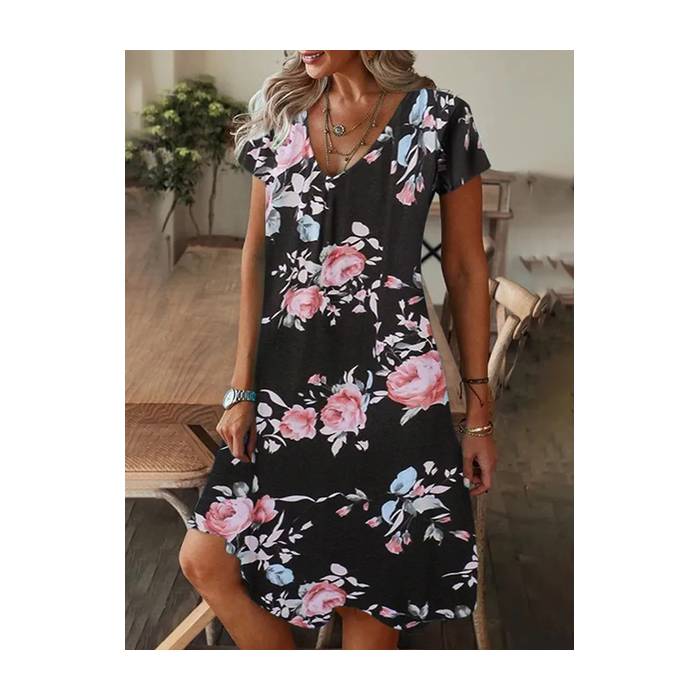 Women Floral Short Sleeve Summer Printing Dress V Neck Daily Casual Knee Length T-Shirt Dress H-Line Dress