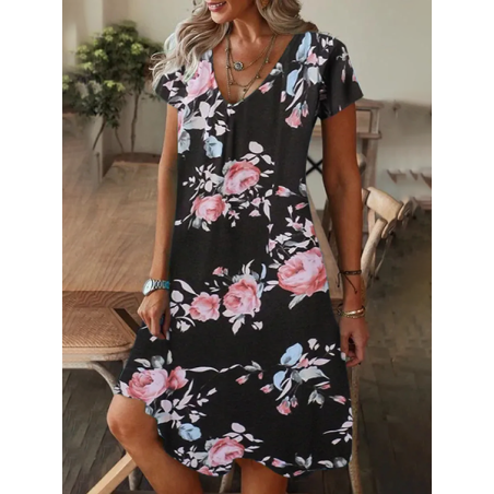 Women Floral Short Sleeve Summer Printing Dress V Neck Daily Casual Knee Length T-Shirt Dress H-Line Dress