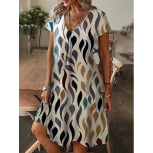 Women Abstract Short Sleeve Summer Printing Dress V Neck Daily Casual Knee Length T-Shirt Dress H-Line Dress