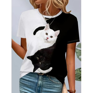 Women Cat Short Sleeve Tee T-shirt Crew Neck Printing Casual Summer Graphic Tee Top