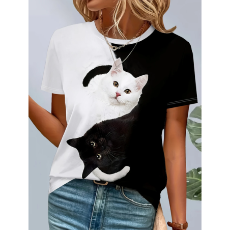 Women Cat Short Sleeve Tee T-shirt Crew Neck Printing Casual Summer Graphic Tee Top
