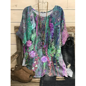 Women Floral Short Sleeve Tee T-shirt Crew Neck Printing Casual Summer Graphic Tee Top