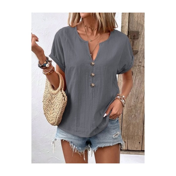 Women Plain Short Sleeve Tee T-shirt V Neck Casual Summer Top