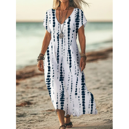 Women Striped Short Sleeve Summer Printing Dress V Neck Daily Casual Maxi X-Line Dress