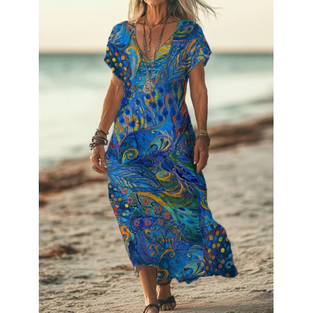 Women Abstract Short Sleeve Summer Printing Dress V Neck Daily Casual Maxi X-Line Dress