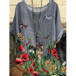 Women Floral Short Sleeve Tee T-shirt Crew Neck Printing Casual Summer Graphic Tee Top