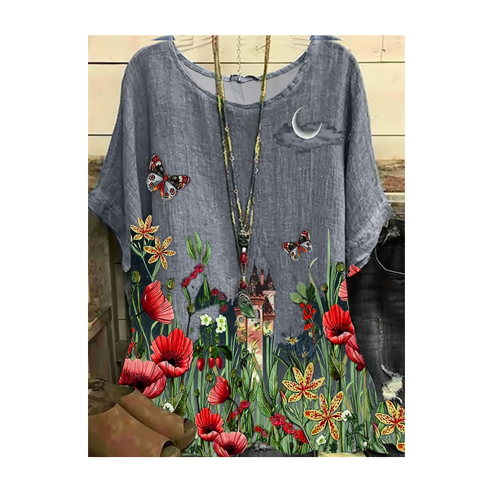 Women Floral Short Sleeve Tee T-shirt Crew Neck Printing Casual Summer Graphic Tee Top