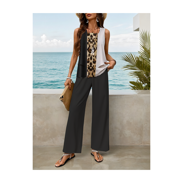Women Leopard Printing Two-Piece Set Daily Sleeveless Casual Summer Top With Pants Matching Set