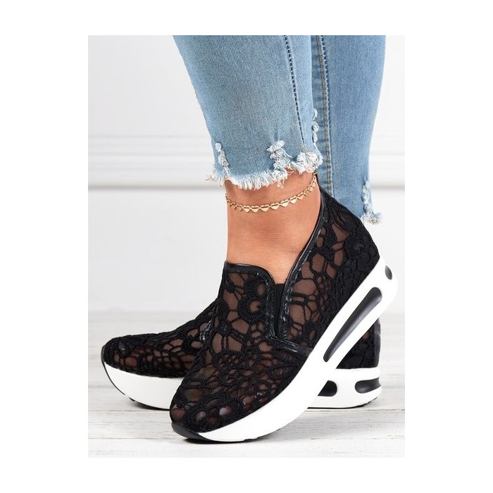 Floral Embroidered Mesh Paneled Slip-On Wedge Sneakers