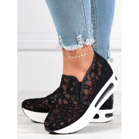 Floral Embroidered Mesh Paneled Slip-On Wedge Sneakers