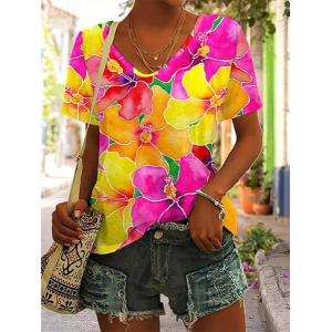 Women Floral Short Sleeve Tee T-shirt V Neck Casual Summer Top