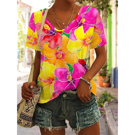 Women Floral Short Sleeve Tee T-shirt V Neck Casual Summer Top