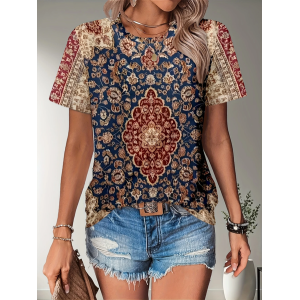 Women Floral Short Sleeve Tee T-shirt Crew Neck Printing Casual Summer Graphic Tee Top