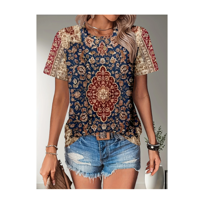Women Floral Short Sleeve Tee T-shirt Crew Neck Printing Casual Summer Graphic Tee Top