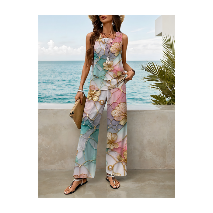 Women Floral Printing Two-Piece Set Daily Sleeveless Casual Summer Top With Pants Matching Set