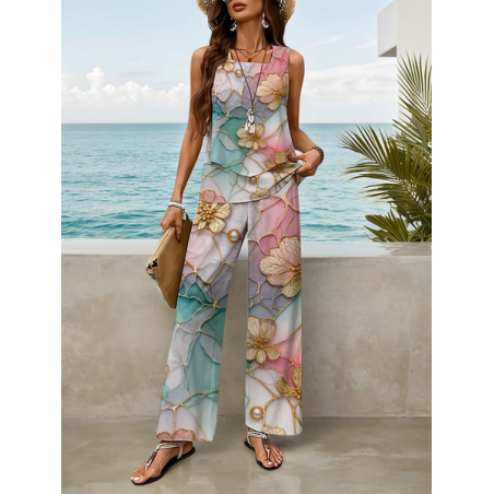 Women Floral Printing Two-Piece Set Daily Sleeveless Casual Summer Top With Pants Matching Set