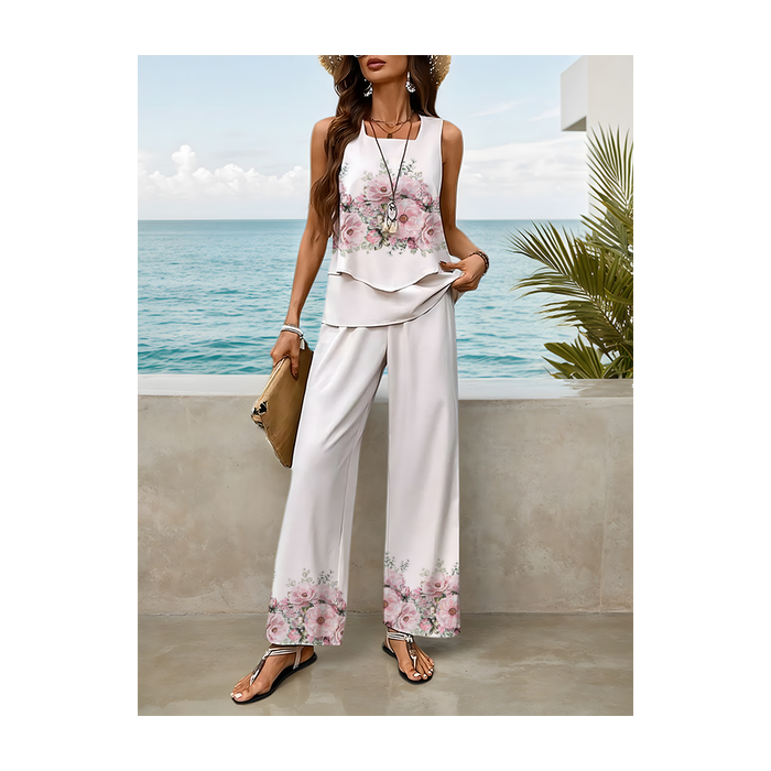 Women Floral Printing Two-Piece Set Daily Sleeveless Casual Summer Top With Pants Matching Set