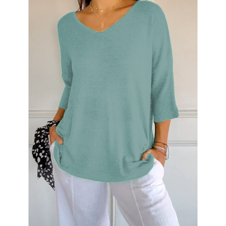 Women Plain Three Quarter Sleeve Tee T-shirt V Neck Printing Casual Spring/Fall Top
