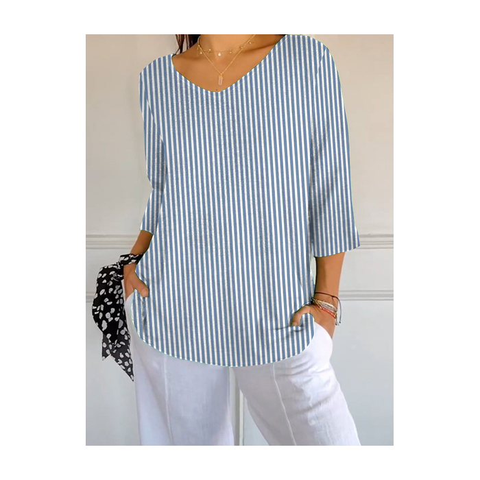 Women Striped Three Quarter Sleeve Tee T-shirt V Neck Printing Casual Spring/Fall Graphic Tee Top