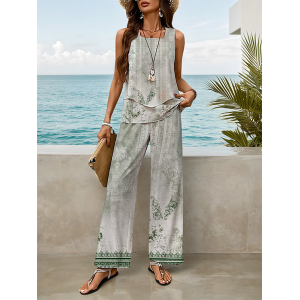 Women Floral Printing Two-Piece Set Daily Sleeveless Casual Summer Top With Pants Matching Set